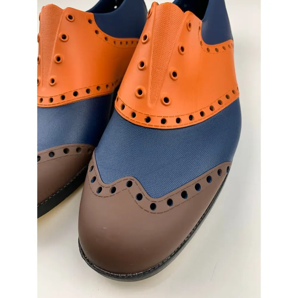 Biion The Oxford Golf Shoes Brown Blue Orange Slip On Spikeless Men's 10